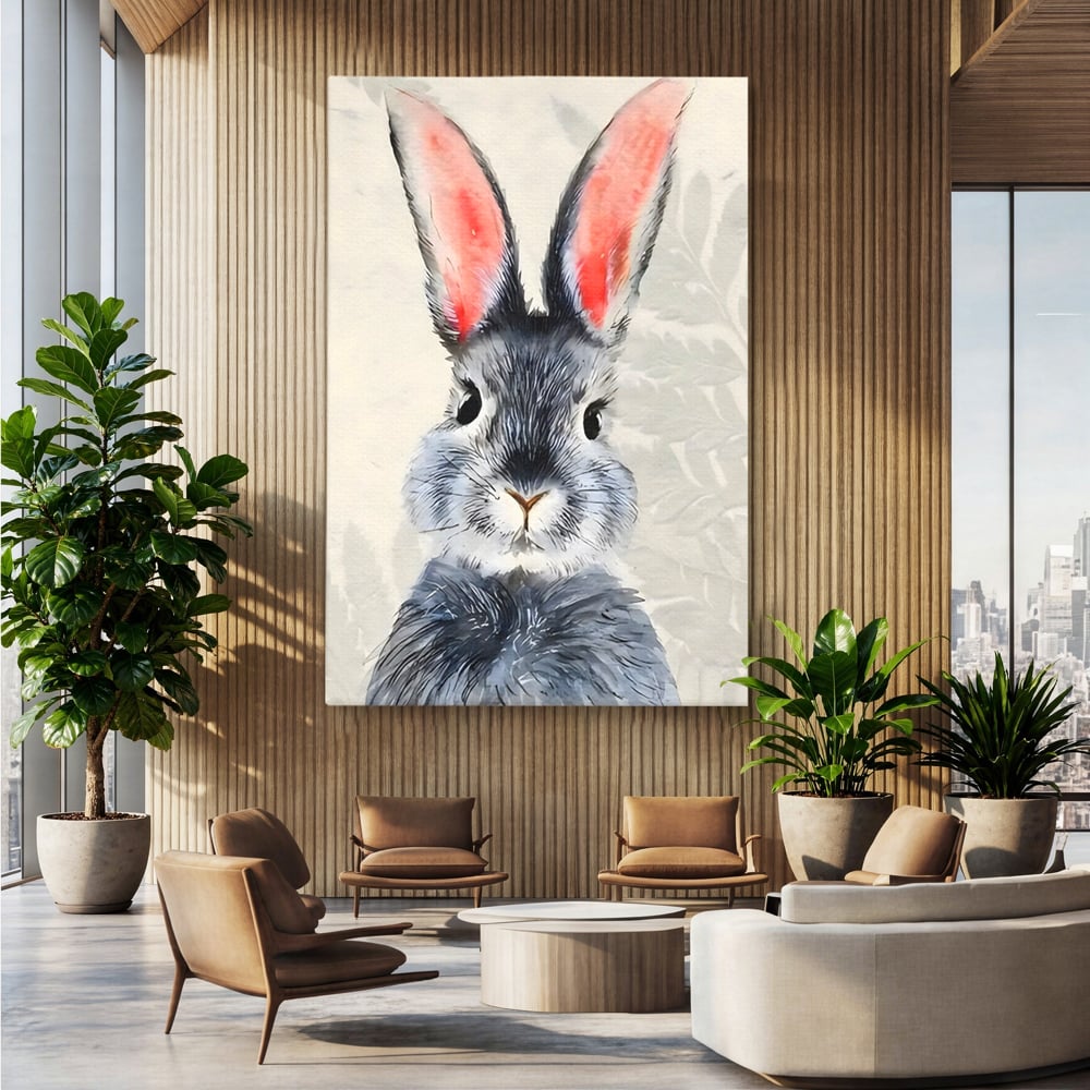 Tablou canvas cu tablou canvas cu iepure gri, fara rama, pe sasiu de lemn, pe perete intr-un birou
